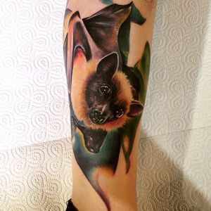 Hyper realistic bat tattoo by Ben Carlisle. #bat #fruitbat #realism #colorrealism #BenCarlisle