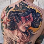 Sea Witch Portrait by Matt Tischler #MattTischler #color #neotraditional #lady #portrait #witch #flowers #oceanlife #jewelry #pearls #ship #boat #sails #leaves #nature #backpiece #sun #hand #tattoooftheday
