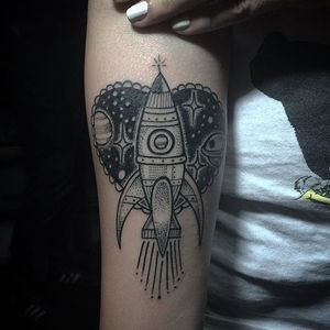 Rocket tattoo by Cope Uribe. #rocketship #space #blackwork #blckwrk #btattooing #CopeUribe