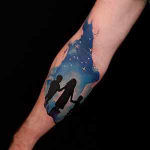 Night Sky Tattoo by Fabbe Persegani #contemporary #Watercolor #WatercolorTattoo #BrushStrokeTattoo #ContemporaryTattoos #FabbePersegani #sky #stars #holdinghands