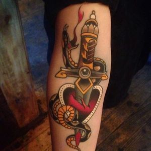Traditional snake, heart and dagger. Traditional tattoo by Emmet Jace. #traditional #snake #heart #dagger #EmmetJace