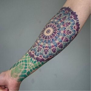 Colorful tattoo by Deryn Twelve #DerynTwelve #geometric #ornamental #dotwork #pointillism