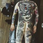Traditional bodysuit via instagram richhadley #traditional #bodysuit #flash #inprogress #color #jesus #butterfly #dragon #flowers #RichHadley