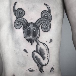 Odd creature tattoo by Tahlz #Tahlz #linework #blackwork #illustrative #ram #horns