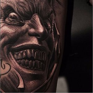 Detail of a Joker tattoo by Alexander D. West #AlexanderDWest #blackandgrey #realistic #3D #joker