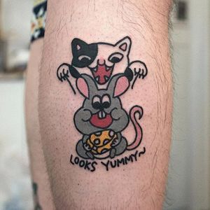 Cartoon cat + mouse + cheeze tattoo by Hong Ji Sun. #Hongjisun #Ssun #cartoon #bold #comical #funny #cute #cat #mouse #cheeze #foodchain