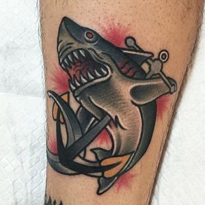 Harpooned shark tattoo. #alternative #traditionalamerican #mico #southkoreantattooartist #shark #harpoonedshark