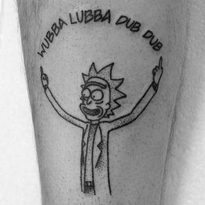 Wubba Lubba Dub Dub means "I am in great pain, please help me." Tattoo by @ladyhans. #RickAndMorty #RickSanchez #cartoon #quote #linework #dotwork