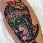 Mashup by Shaun Topper #ShaunTopper #color #traditional #ladyhead #portrait #nativeamerican #diadelosmuertos #sugarskull #skull #Mexico #culture #feathers #tattoooftheday