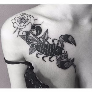 Scorpion tattoo by Abes #Abes #blackwork #scorpion #rose