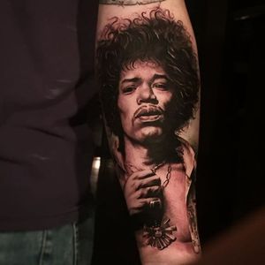Black and grey Jimi Hendrix tattoo by Miguel Camarillo. #blackandgrey #realism #MiguelCamarillo #JimiHendrix #portrait