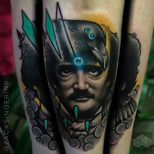 Hyperrealistic man tattoo by Zack Singer. #ZackSinger #gem #3d #hyperrealistic #trippy #mashup #portrait #edgaralanpoe #crystal