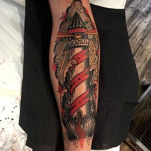 Intense traditional lighthouse, by Marius Klaue #MariusKlaue #lighthousetattoo #traditionaltattoo