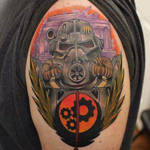Brotherhood of Steel Tattoo by Simeon Nelson #BrotherhoodOfSteel #BrotherhoodOfSteelTattoo #FalloutTattoos #FalloutTattoo #Fallout4 #Gaming #SimeonNelson