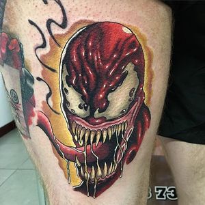 Carnage Tattoo by Chris Hill #CarnageTattoos #SpiderManTattoo #SpiderManTattoos #SpiderMan #MarvelTattoos #ComicTattoos #ComicBook #SuperVillains #ChrisHill