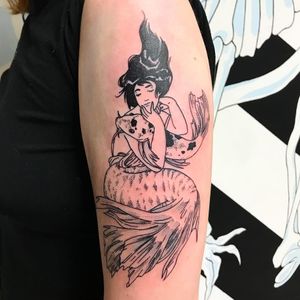 Mermaid tattoo by Tina Lugo #TinaLugo #linework #dotwork #mermaid #koi #fish #oceanlife #nature #lady
