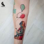 Child with balloon tattoo by Matteo Cascetti. #MatteoCascetti #sketch #contemporarytattooart #avantgarde #balloon #child