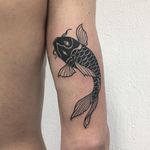 Fish tattoo by Silly Jane #SillyJane #blackwork #linework #ladyhead #fish #koi #Japanese #newtraditional #mashup #manga #graphic #water #oceanlife #scales #catfish