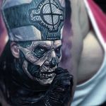Evil priest tattoo by Paul Acker #PaulAcker #darkarttattoos #blackandgrey #realism #realistic #hyperrealism #priest #church #catholic #skull #death #evil #dark #cross #symbol #leather #corpsepaint #portrait #tattoooftheday