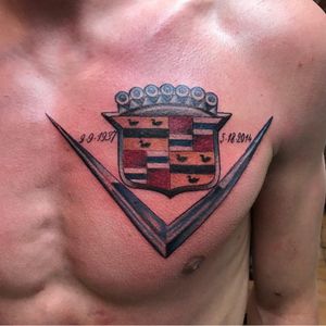 A chest piece of the Caddy symbol by Kevin Troxel (IG—kevintroxel). #Caddy #Cadillac #KevinTroxel #macwithalac