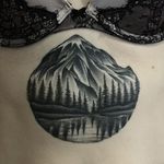 Tattoo by Franco Maldonado #FrancoMaldonado #blackandgrey #illustrative #newtraditional #darkart #surreal #linework #landscape #mountain #forest #lake #water #reflection #nature #Walden #Thoreau