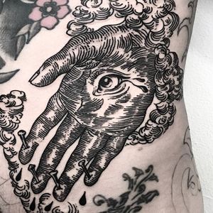 Hand Tattoo by Massimo Gurnari #hand #eye #blackwork #illustrative #darkart #etching #linework #MassimoGurnari