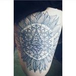 Black and grey sacred geometry sunflower tattoo by @tattoosby_misplugs. #sunflower #flower #sacredgeometry #blackwork #dotwork #tattoosby_missplugs