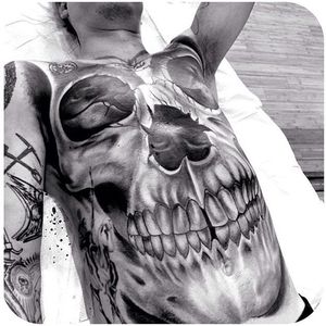In-progress massive realistic skull by Dillon Forte. (Instagram: @dillonforte) #largescale #blackandgrey #torso #skull #DillonForte