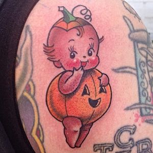 Pumpkin Kewpie tattoo by Stacey Martin. #StaceyMartin #pumpkin #kewpie #cute #doll #baby #adorable