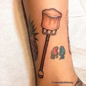Toasted marshmallow tattoo by Meredith Little Sky. #marhsmallow #toastedmarshmallow #camping #MeredithLittleSky #neotraditional