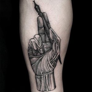 Blackwork hand holding a dip pen tattoo by HanBum Lee. #HanBumLee #Gghost #blackwork #hand #macabre #gore #dark #pen #skinned