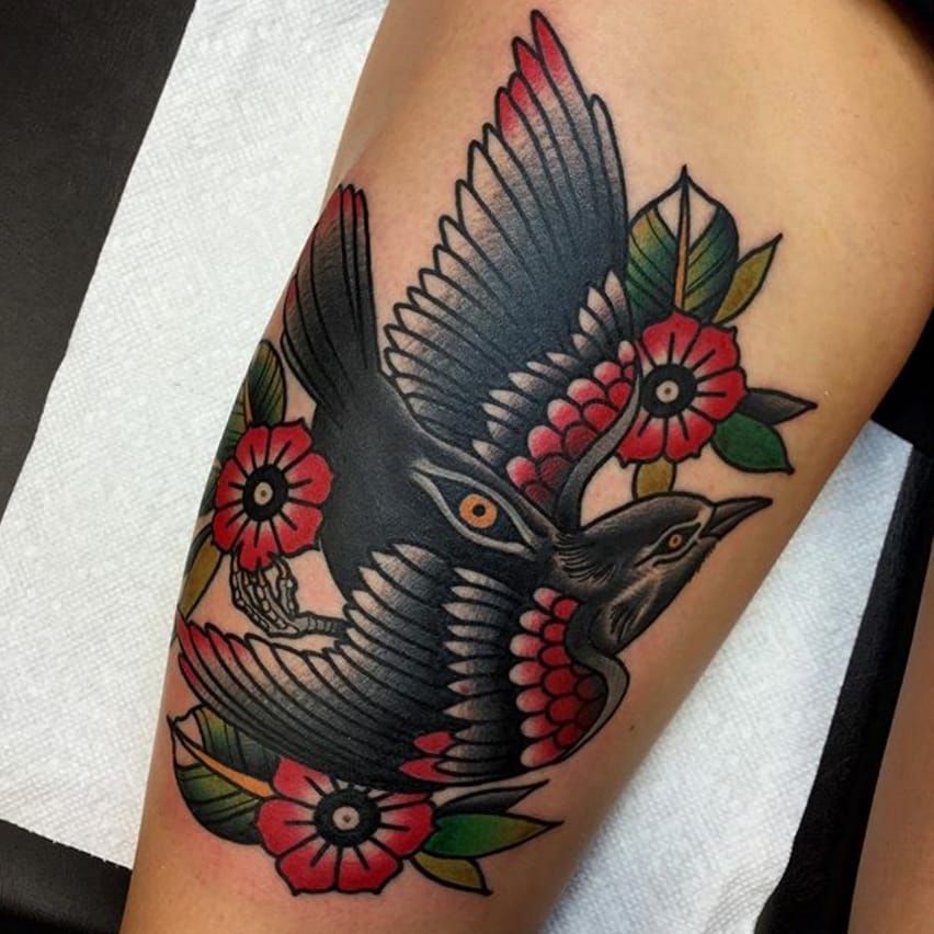 Neo Traditional Bird and Rose by Evan Lovett: TattooNOW