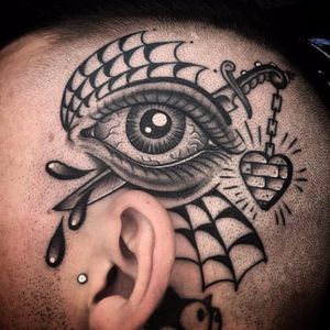 Traditional piece by Gordie Jones #GordieJones #traditional #blackandgrey #eye #dagger #web #heart #tattoooftheday