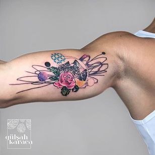 Conceptual mountain tattoo by Gülşah Karaca. #GulsahKaraca #illustrative #graphic #technicolor #trippy #geometric #mountain #rose