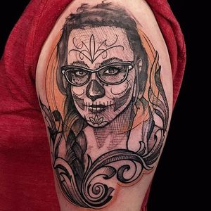 Sugarskull woman tattoo by Mike Riina. #MikeRiina #sketch #blackandgrey #portrait #woman #sugarskull