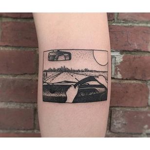 Countryside drive box tattoo by Charley Gerardin. #CharleyGerardin #box #contemporary #pointillism #blackwork #dotwork #handpoke #scenery #drive