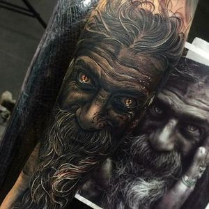 Stunning portrait of a bearded man, check out the crazy detail work on the facial hair. Tattoo done by Fredy Tomas. #FredyTomas #ExoticTattoo #realistictattoo #beardedman