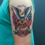 Shaking hands below an eagle and flags by Richie Clarke (IG—richieclarkepdc). #AmericanFlag #baldeagle #patriotic #RichieClarke #shakinghands #traditional