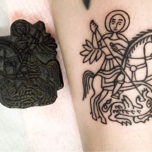 Example of one of Wassim Razzouk's tattoos next to the ancient woodblock on which its design is based. #calvary #Christian #Coptic #crusader #demon #RazzoukTattoo #WassimRazzouk #woodenblack