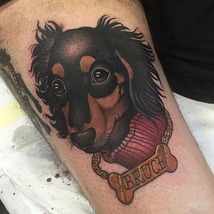 Bruce the dachshund tattoo by Jean Le Roux. #dog #dachshund #neotraditional #petportrait #JeanLeRoux