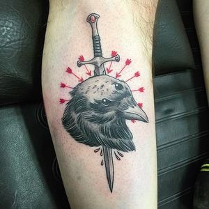 Three-Eyed Raven and Dagger Tattoo by Jessie Locke @lockejessmonster #Dagger #ThreeEyedRaven #RavenTattoo #ThreeEyed #Raven #GameofThrones #GoT