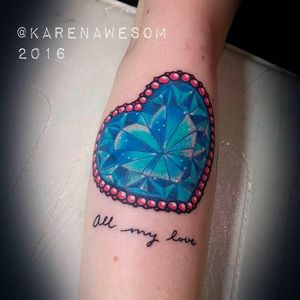 Blue Crystal Heart Tattoo by Karen @Karenawesom #Blue #Crystal #Diamond #Heart #CrystalHeartTattoo #DiamondHeartTattoo