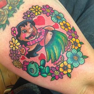 Lilo and Stitch themed Tattoo by Sarah K @SarahKTattoo #SarahKTattoo #SouthAustralia #Neotraditional #Colorful #Pop #bright_and_bold #Neotraditionaltattoo #LiloandStitch