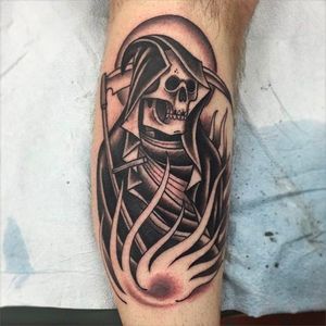 Clean and solid black reaper tattoo done by Nate Graves. #NateGraves #Sacred #blackandgrey #michigan #neotraditional #reaper #grimreaper