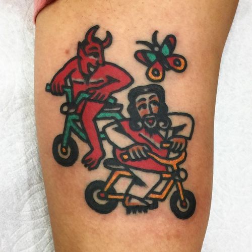 Satan and Jesus hanging out tattoo by Wan Tattooer #WanTattooer #funnytattoos #color #traditional #satan #jesus #bikes #cycling #butterfly #fun #games
