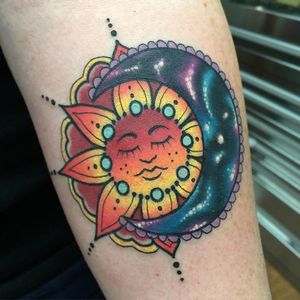 Sun Moon Tattoo by Katie McGowan #Traditional #BoldTattoos #ColorfulTattoos #Colorful #KatieMcGowan