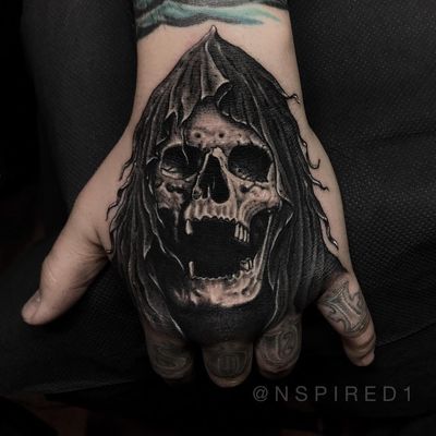 Reaper tattoo by Eric Gonzalez #EricGonzalez #demontattoos #reaper #blackandgrey #realism #realistic #skull #skeleton #death #cloak #teeth #hell