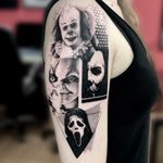 Horror sleeve by Trudy #TrudyLines #movietattoos #blackandgrey #portraits #realism #realistic #abstract #pattern #shapes #Scream #Pennywise #michaelmyers #chucky #Halloween #horror #tattoooftheday