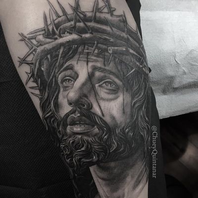 Jesus tattoo by Chuey Quintanar #ChueyQuintanar whiteinktattoos #blackandgrey #religious #christian #catholic #realistic #realism #portrait #Jesus #crownofthorns #tears #love #face #tattoooftheday
