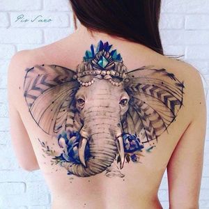 Gorgeous elephant tattoo by Pis Saro #PisSaro #elephant #watercolor #jewel #flower